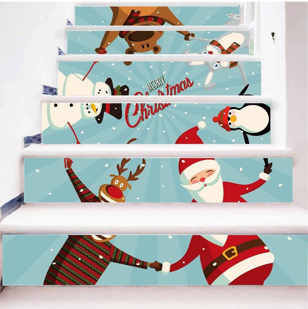 KKYLOVEJ 3D DIY Staircase Stickers Creative Santa Claus and Penguin Snowman with Deer Circle Dance Merry Christmas Mural Festive Wall Decals , 1 Set 6 pcs , 100*18cm