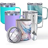 THILY Stainless Steel Insulated Coffee Mug 12 oz Vacuum Insulated Coffee Cup with Handle, Spill-Proof Lid, Keep Coffee Cold, Pink Ripple