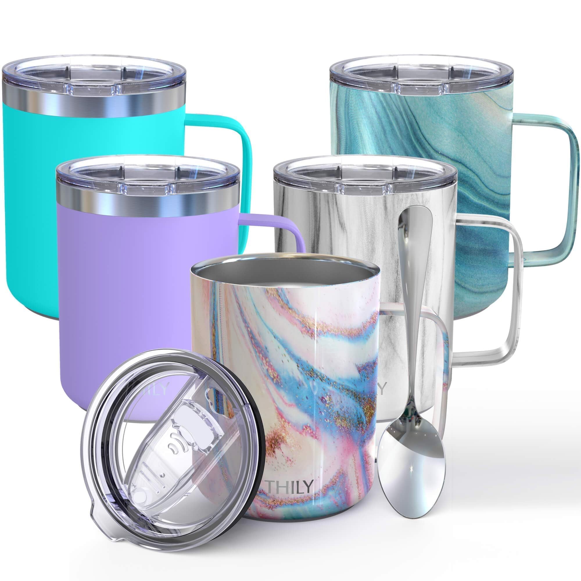 THILY Stainless Steel Insulated Coffee Mug 350 ml Vacuum Insulated Coffee Cup with Handle, Spill-Proof Lid, Keep Coffee Cold or Hot, Pink Ripple — image 1