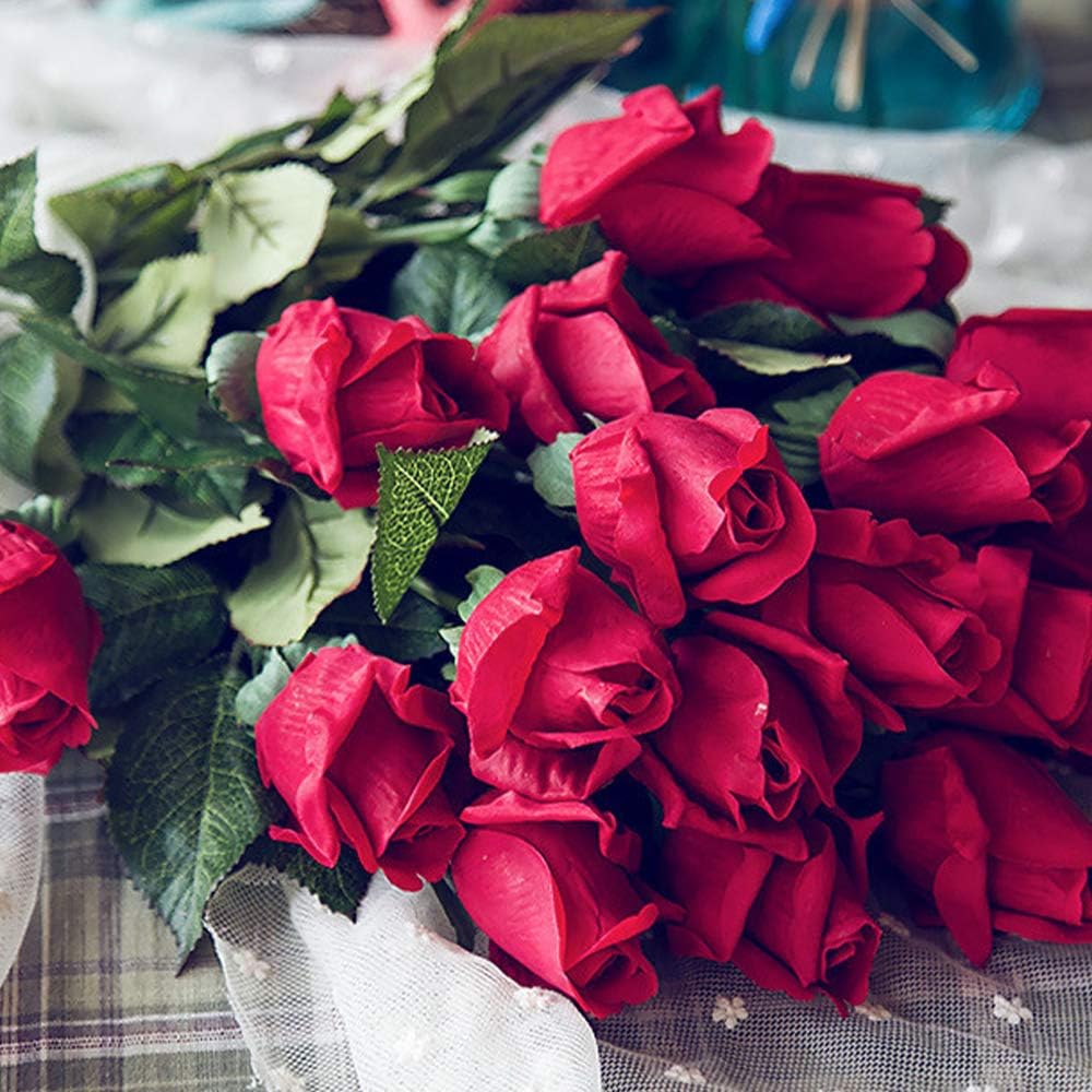 CCUCKY 6pcs Artificial Roses, Real Touch Flowers, Perfect for Wedding Anniversary, Home, Office Decoration DIY (Red) - Image 3