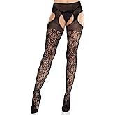 Leg Avenue Women’s Scalloped Trimmed Floral Lace Lingerie Suspender Stockings for Women Sexy, Black, One Size