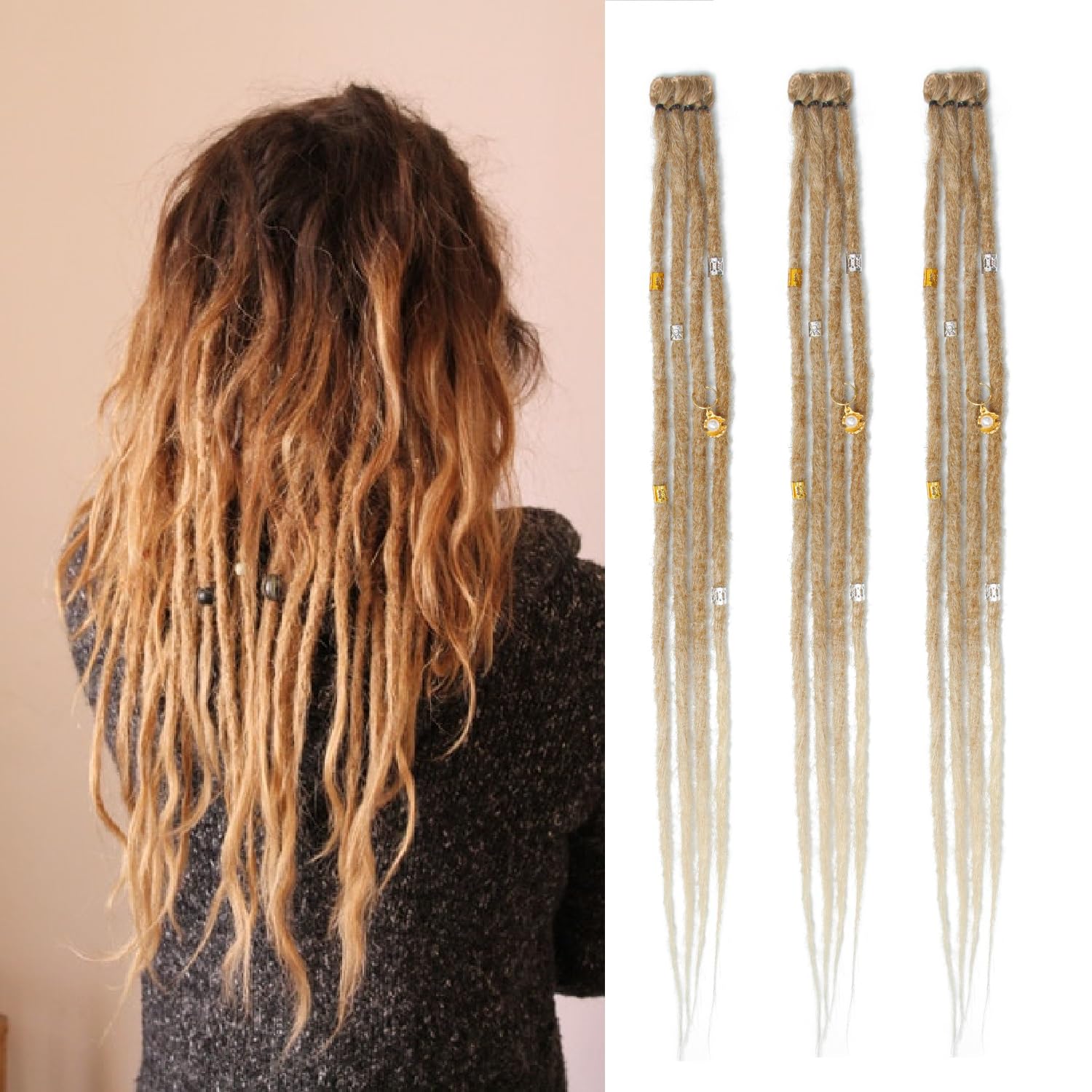 Dsoar Thin Dreadlock Extensions with Clips 20 Inch Clip In Dreads Handmade 3Pcs Crochet Loc Extensions(27/613#)