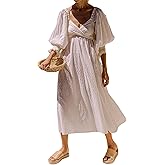 R.Vivimos Women's Summer Boho Cotton Puff Sleeve Dress Swiss Dots Lace Up Smocked Casual A-Line Flowy Midi Dress