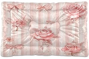 Kigai Pink Bow Rose Dog Bed Mat Crate Pad Soft Washable Kennel Pad Pet Sleeping Mat with Anti-Slip Bottom for Large Medium Sm