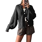 Saodimallsu Womens Cable Knit Cardigan Sweaters Button Up Crew Neck Long Sleeve Loose Fall Trendy Sweater Coats
