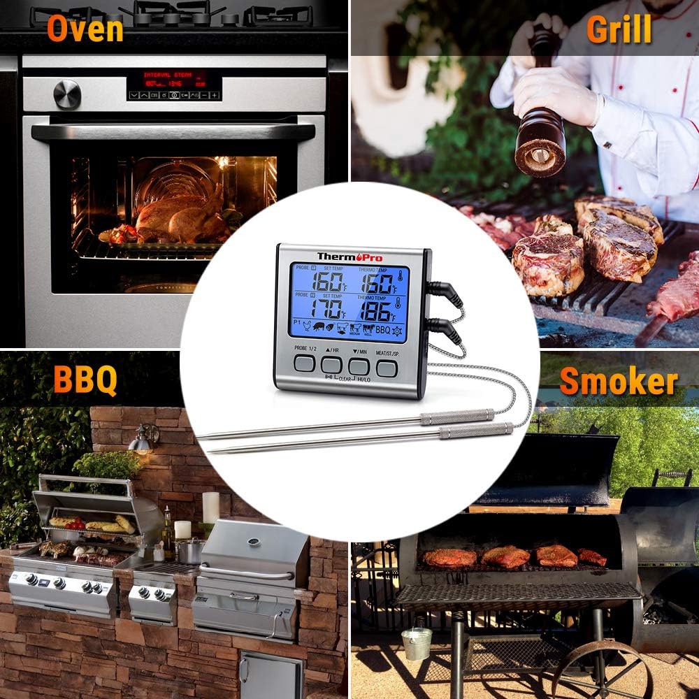 ThermoPro TP-17 Dual Probe Digital Cooking Meat Thermometer Large LCD Backlight Food Grill Thermometer with Timer Mode for Smoker Kitchen Oven BBQ, Silver: Garden & Outdoor