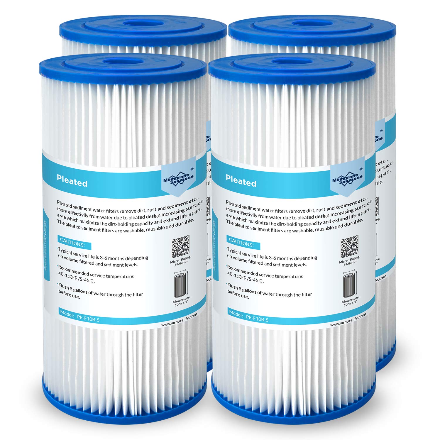 Photo 1 of Membrane Solutions 5 Micron Pleated Water Filter Home 10"x4.5" Whole House Heavy Duty Sediment Replacement Cartridge Compatible with ECP10-1,ECP20-BB,R50-BBSA,FXHSC,CB1-SED10-BB (4 Pack)