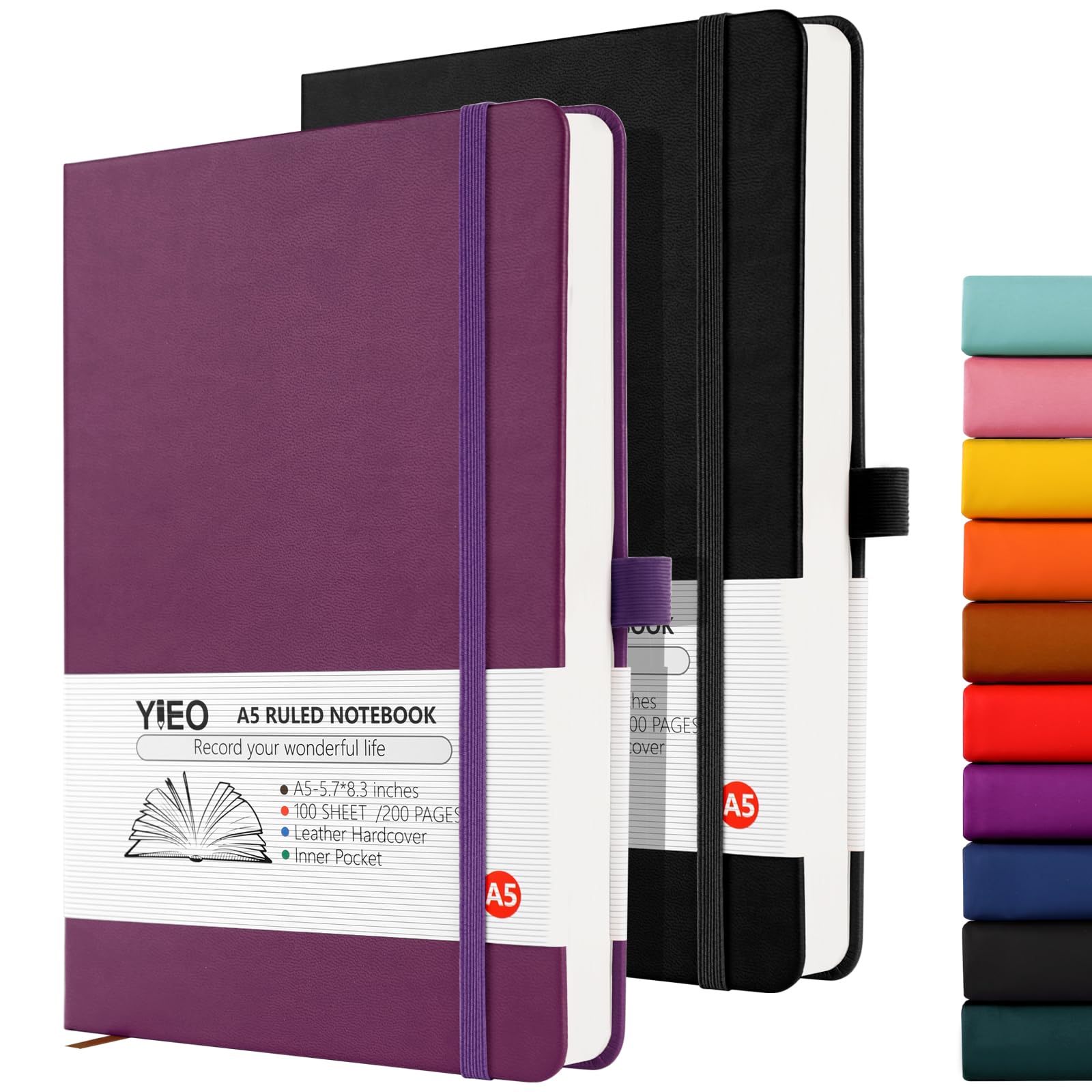 YIEO Notebook A5, 2 Pack Hardback Journal Notebook with 398 Lined Pages 80 GSM Leather Notepad with Bookmark, Pen Loop and Expandable Paper Pocket, for Office School Supplies (Black+Purple)
