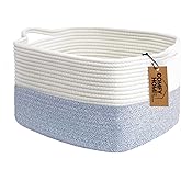 COMFY-HOMI Cotton Rope Woven Basket with Handles for shelf,Toy, Book, Cloth Storage Basket for Organizing-13.5"X11"X9.5" Storage Bin for Living Room, Newborn or Infant Gift for boy girl (White/blue)
