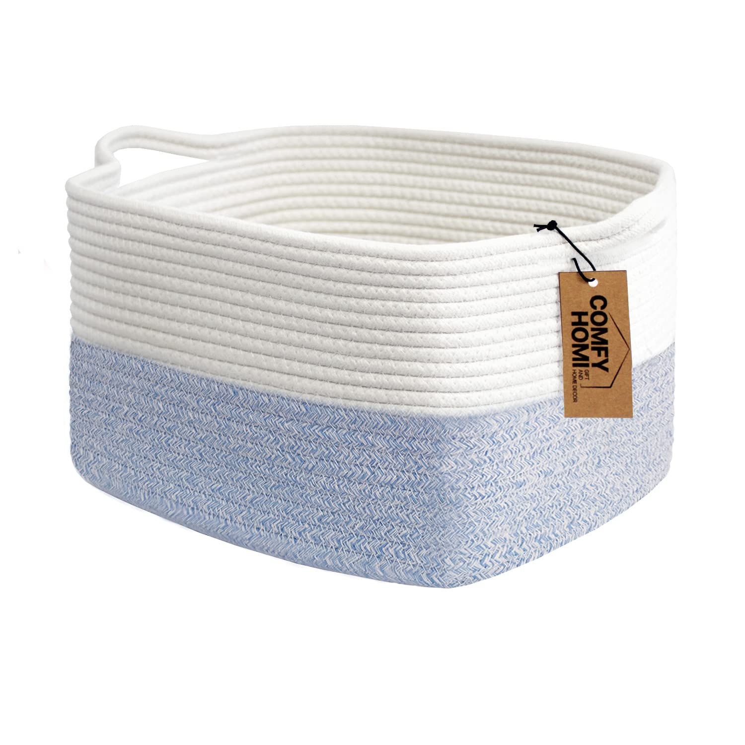 Photo 1 of COMFY-HOMI Cotton Rope Woven Basket with Handles for shelf?Toy, Book, Cloth Storage Basket for Organizing-13.5"X11"X9.5" Storage Bin for Living Room, Newborn or Infant Gift for boy girl ?White/blue?