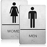 Brushed Aluminum Bathroom Signs, ADA Raised Braille Restroom & Bathroom Door Sign with Strong Self-Adhesive, Men's & Women's Restroom Signs for Business, Silver Size 9'' X 6 '' (2 Pcs)