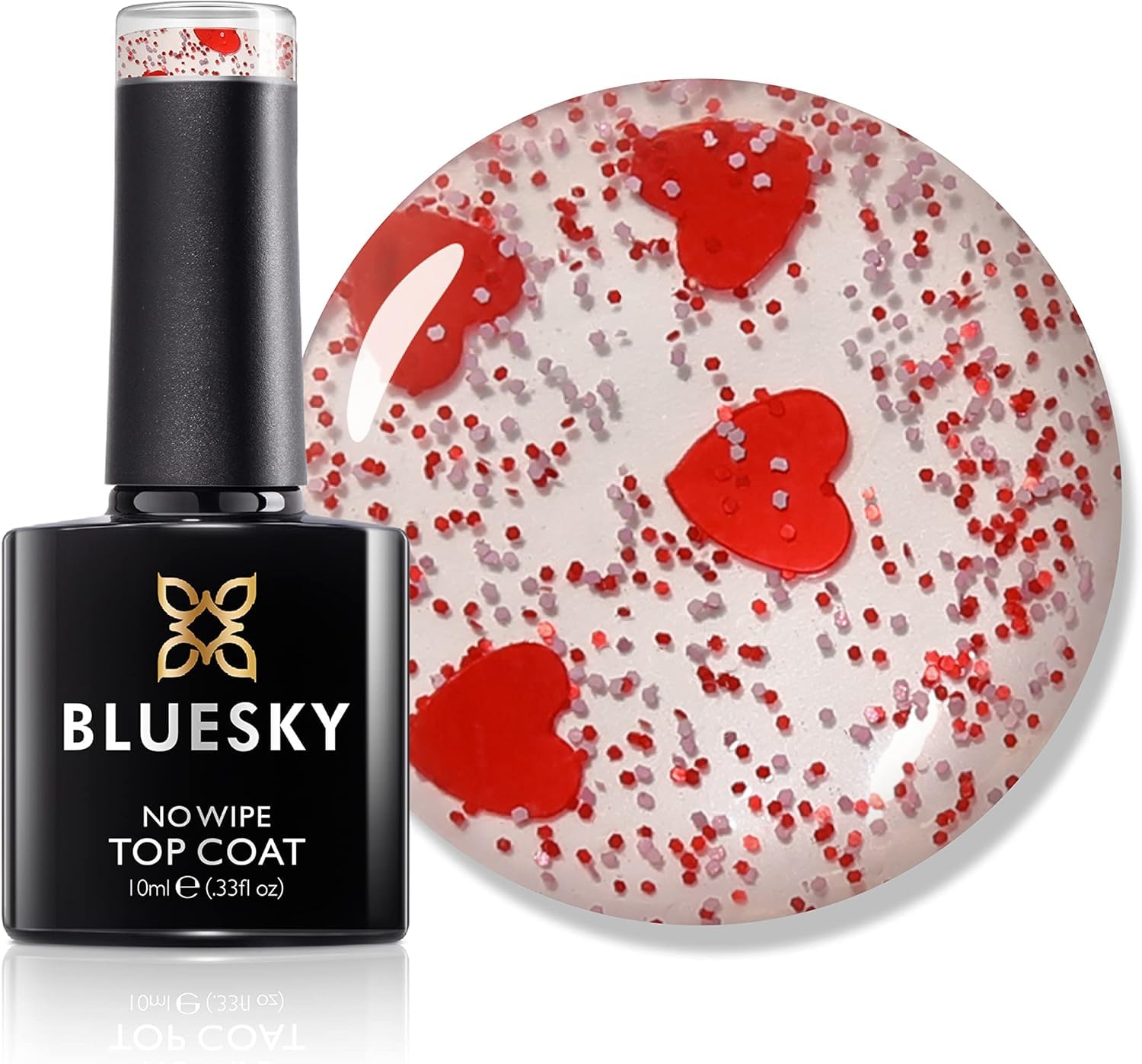 Bluesky Gel Nail Polish, Queen of Hearts No Wipe Top Coat, Clear with Red Heart Pieces, Long Lasting, Chip Resistant, 10 ml (Requires Curing Under UV LED Lamp)