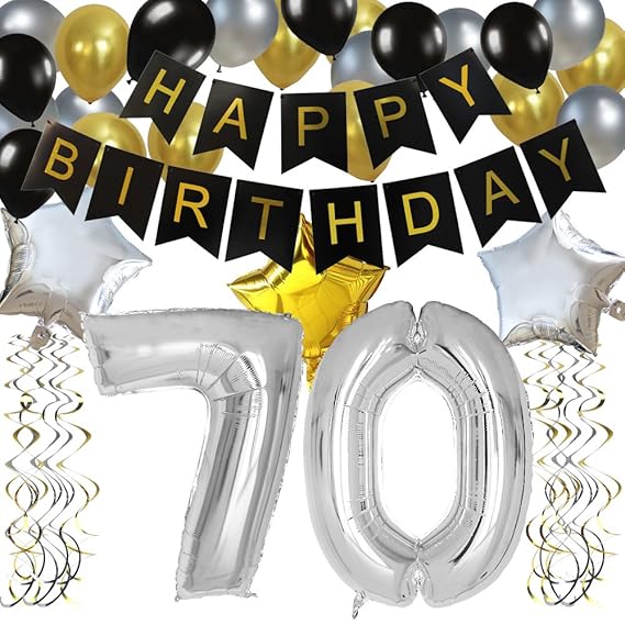 KUNGYO Classy Zum 70. Geburtstag Party Dekorationen Satz- Schwarz Happy Birthday Banner,FolienBallon Zahl 70 in Silber-XXL Ri