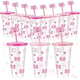 Honeydak 12 Pcs 24 oz Pink Cat Plastic Cups with Lid Straw and Straw Covers Reusable Pink Bow Tumbler Cute Cartoon Kitty Party Favors for Cat Theme Birthday Wedding Party Supplies