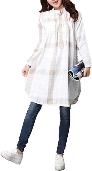 Amazon 品 レディース ロングシャツ シャツワンピース チェック柄 森ガール ゆったり ホワイト ネイビー カーキ サイズm Xl ワンピース チュニック 通販