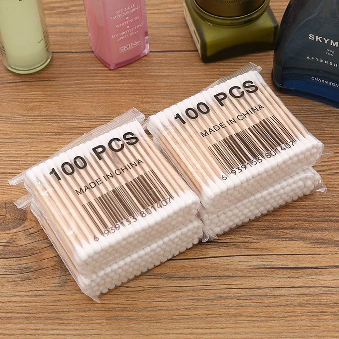 SquarezhenBo 100pcs Wood Stick Cotton Swabs Applicator Q Tip Double Wood Handle Stable White Cosmetics Skin Care Accessories
