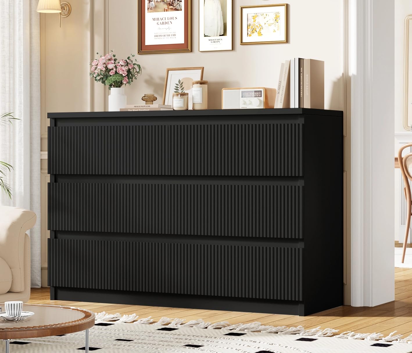 Photo 1 of Jocoevol 6 Drawer Dresser Black Modern Fluted Tall Wooden Chest Double Dresser for Bedroom, Living Room, Closet