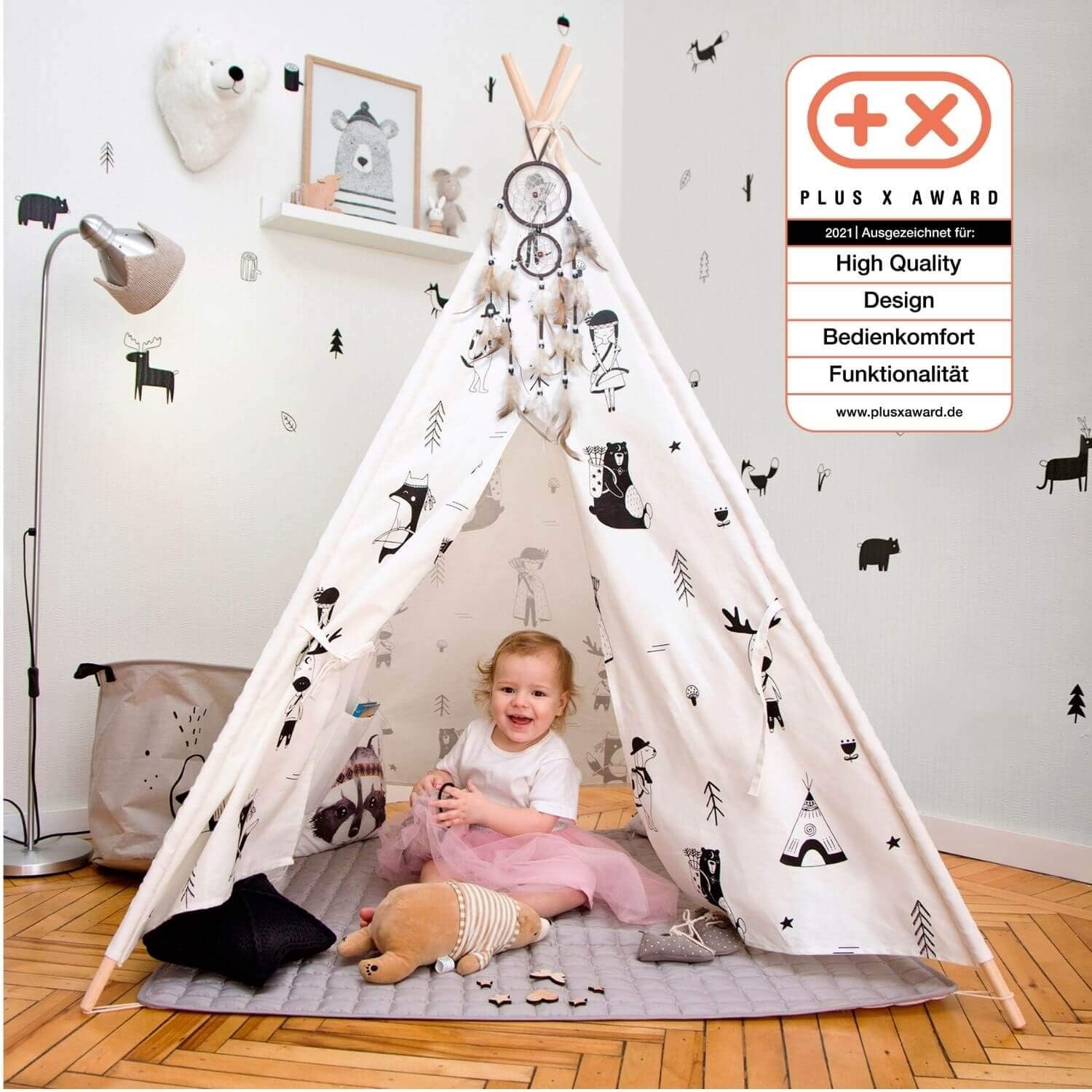 Hakuna Matte Kids Teepee Tent in a Stylish Scandinavian Design – Play Tent includes Padded Mat, Dream Catcher, Carry Bag – Tipi Tent is made from 100% Cotton & Pinewood Polls, EN71-Certified