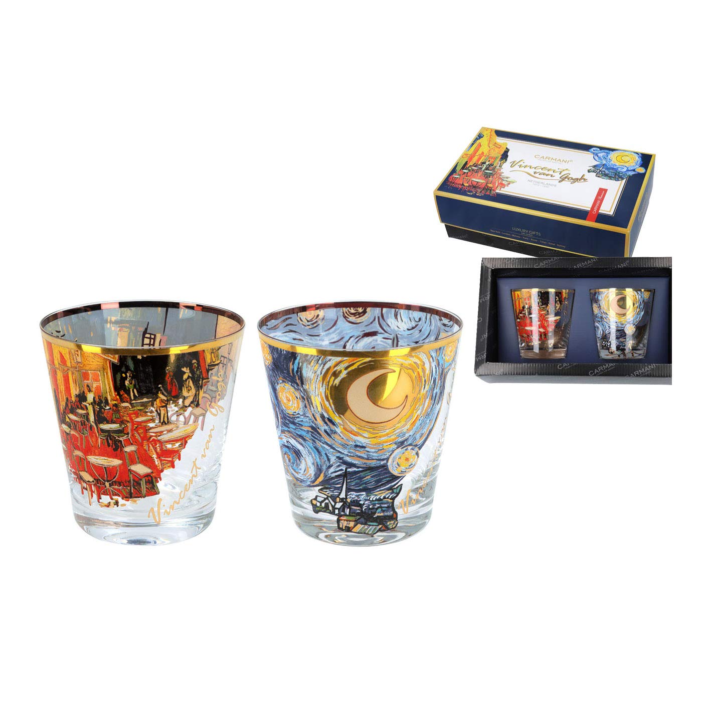 Carmani - Lovely Round Shot Glass set of 2 decorated with 'Café terrace at night' and 'The Starry night' by Vincent van Gogh