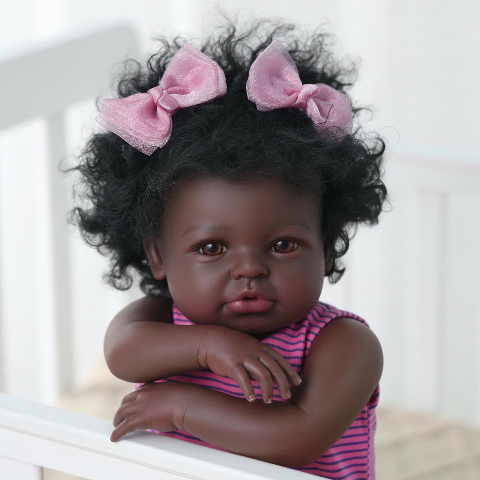 BABESIDE Black Reborn Baby Dolls Girl, 20 Inch Realistic Black Newborn Lifelike Handmade Real Life Baby Dolls Soft Vinyl & Cloth Body with Feeding Kit Gift Box for Kids Ages 3+ Image
