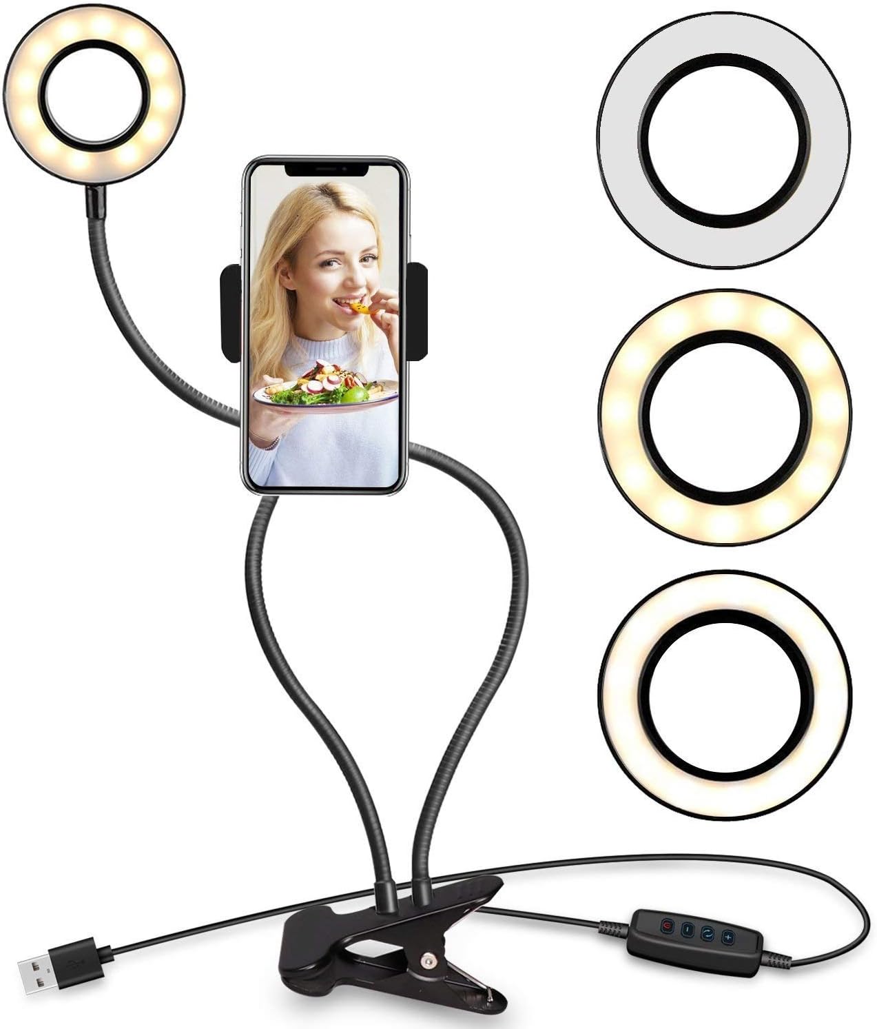 Selfie Ring Light with Cell Phone Holder Stand for Live Stream, Selfie Light, Makeup, Facebook, Circle LED Video Camera YouTube Lighting [10-Level/3-Light Mode] Desk Lamp Clip Lazy Bracket for Phones