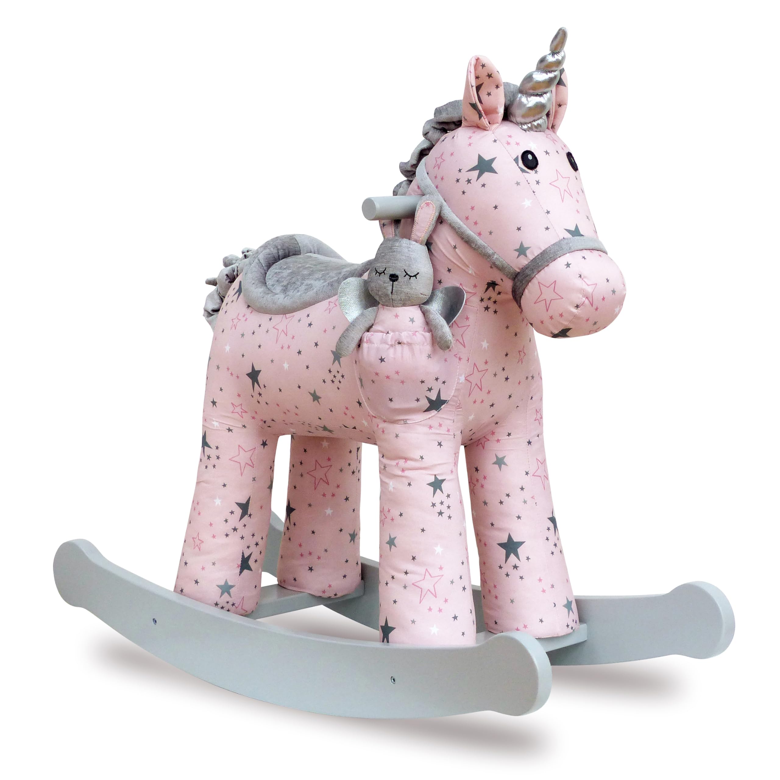 Little Bird Told Me - Celeste & Fae Unicorn Rocking Toy for Toddler 12+ Months Unisex - Pink & Grey Star Printed Fabric, Solid Wooden Frame & Rockers, Removable Plush Toy - British Brand Since 2007