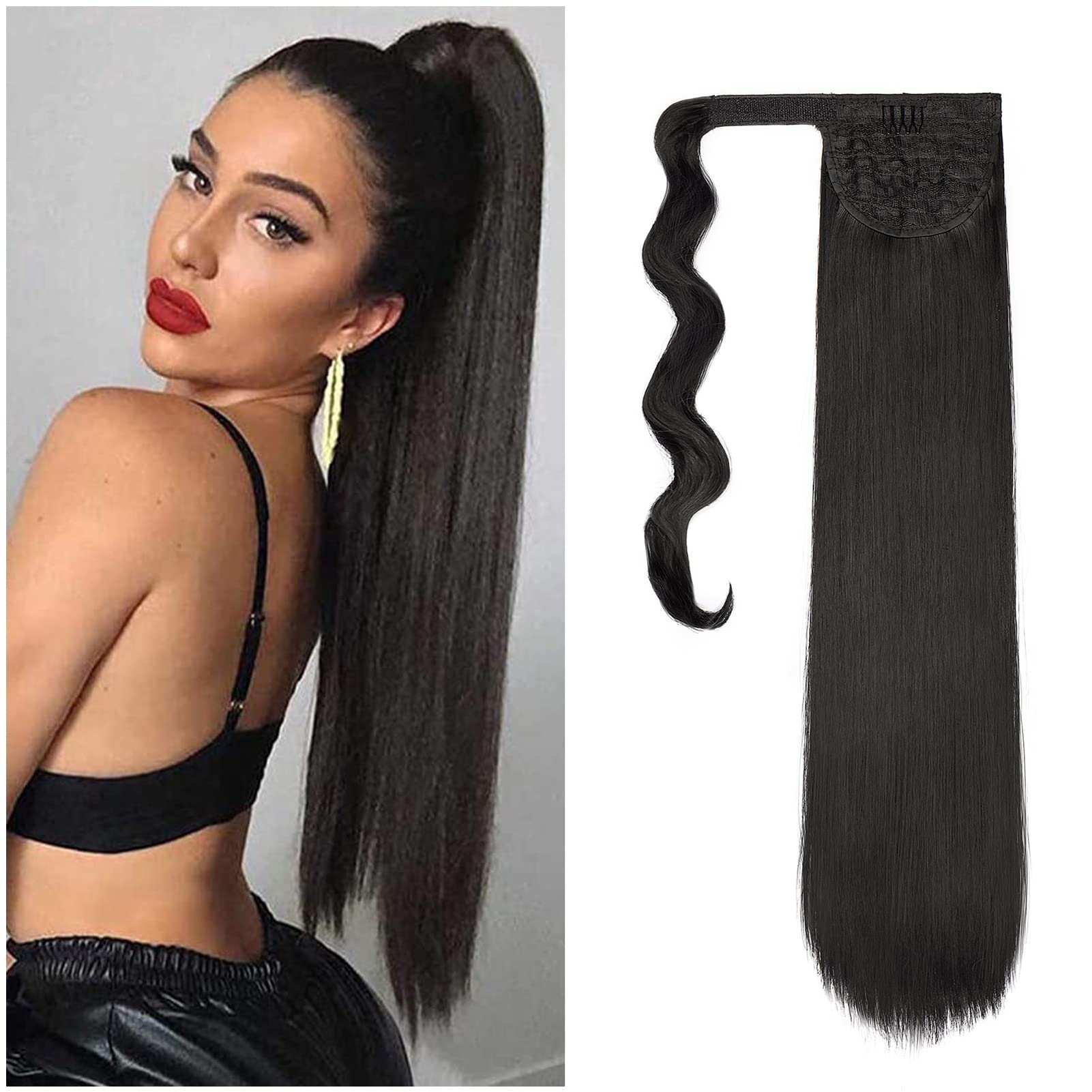 Cybelleza Long Straight Ponytail Extensions Clip in Hair Extension Black Pony Tail Wrap Around Synthetic Natural Hairpiece
