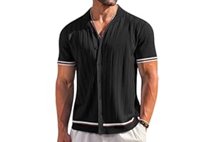 COOFANDY Men's Short Sleeve Knit Shirt Casual Button Down Shirt Vintage Striped Knitted Golf Beach Tops