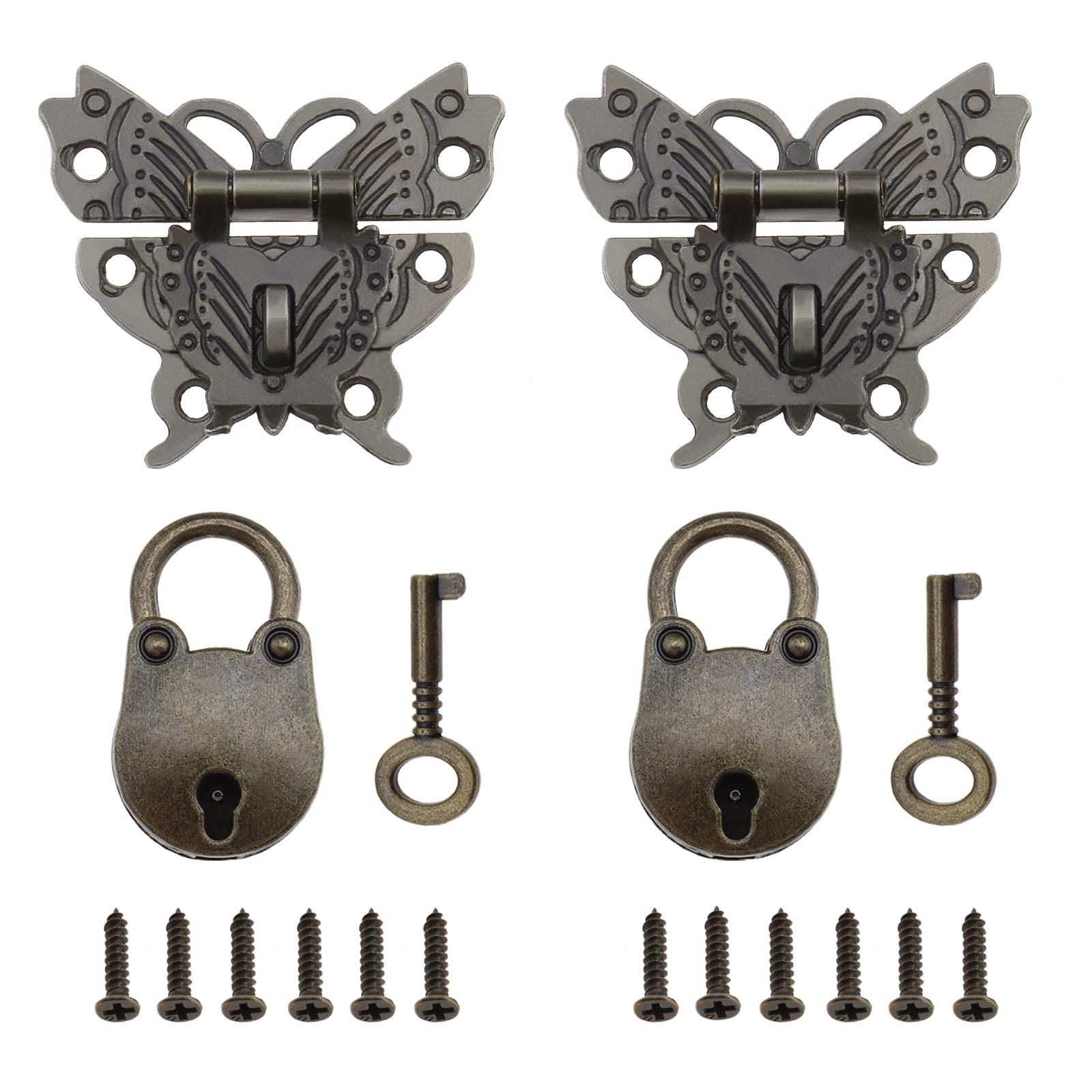 Create idea 2PCS Butterfly Shaped Hasps & 2PCS Little Bear Padlocks Antique Decorative Latch Buckle for Vintage Wooden Box Jewelry Box Cabinet Cupboard Bronze