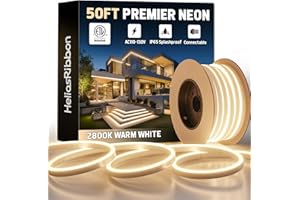 HELIOSRIBBON 50FT LED Neon Rope Lights 2800K Warm White, AC 110-120V Flexible Neon Strip Outdoor Waterproof ETL Listed, Connectable and Cuttable, for Home Commercial Contour Landscape Ambient Lighting Decor