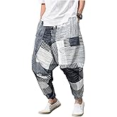 BEAUDRM Men's Color Block Patchwork Baggy Harem Pants Drawstring Elastic Waist Hippie Pants with Pockets Streetwear