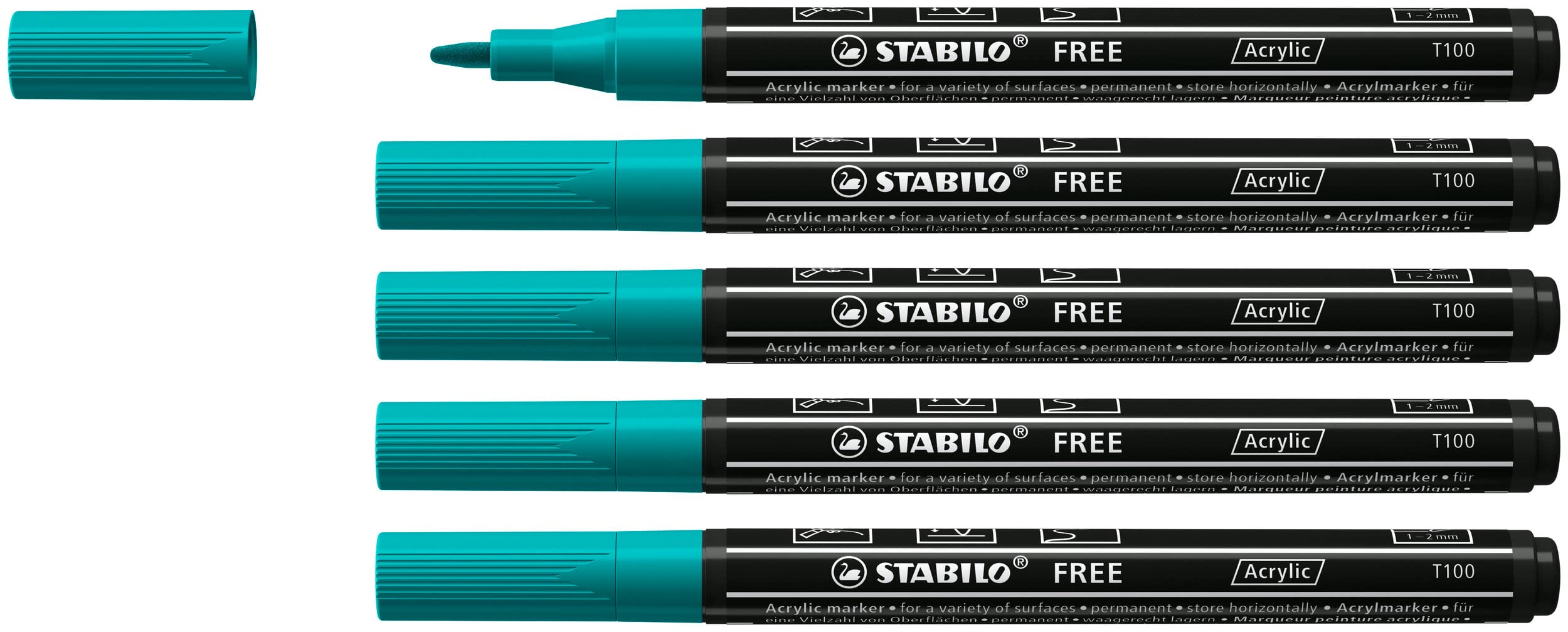 STABILO Acrylic Marker FREE Acrylic - T100 1-2 mm Bullet Tip - Box of 5 - Turquoise Green