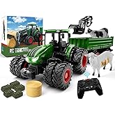 WELIN Remote Control Tractor and Trailer Toys - Rechargeable RC Tractor Playset with Metal Car Head/Lights/8 Wheels, Green Fa