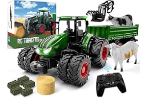 WELIN Remote Control Tractor and Trailer Toys - Rechargeable RC Tractor Playset with Metal Car Head/Lights/8 Wheels, Green Fa