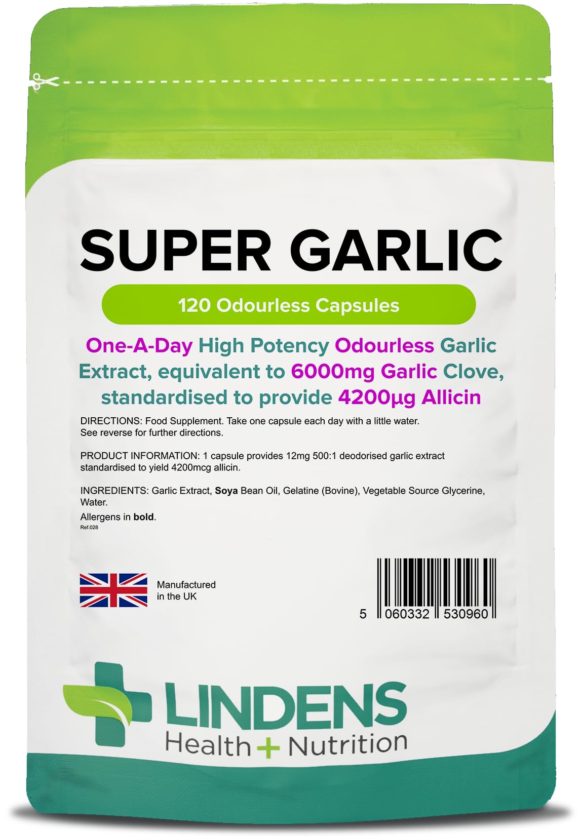 Lindens - Super Garlic 6000mg High Strength - 120 '1-A-Day' Capsules - UK Made - High Potency Odourless Garlic Extract - Equivalent to 6000mg Garlic Clove, Standardised to Provide 4200μg Allicin.