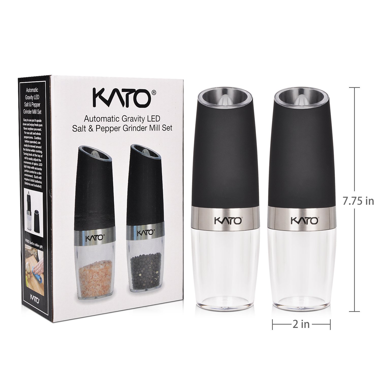 Kato Gravity Electric Salt and Pepper Grinder Set of 2 - Automatic Operation, Battery Powered, Blue LED Light - Adjustable Ceramic Grinding Coarseness Mills with Free Garlic Peeler, Black