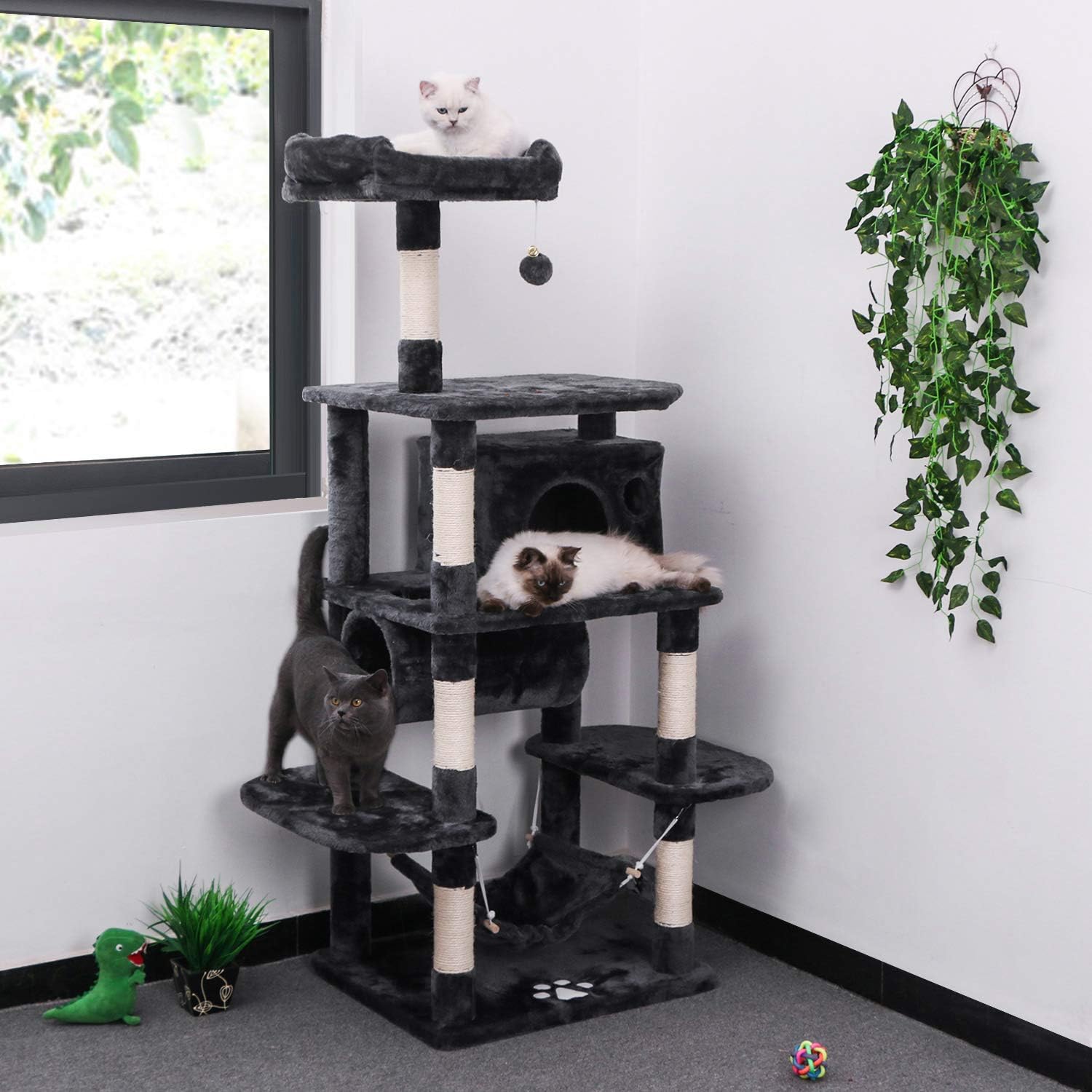 BEWISHOME Cat Tree Condo Furniture Kitten Activity Tower Pet Kitty Play House Playground with Sisal Scratching Posts Perch Hammock Tunnel Grey MMJ02H : Pet Supplies