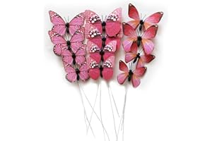 naudassods 12 Pack Butterfly Decorations, DIY 3D Butterfly Stakes Decor, 2 Sizes of Butterfly Ornament for Home Fake Flower Floral Supplies Tea Party Wedding Easter Christmas Spring Fall. (Pink 01)