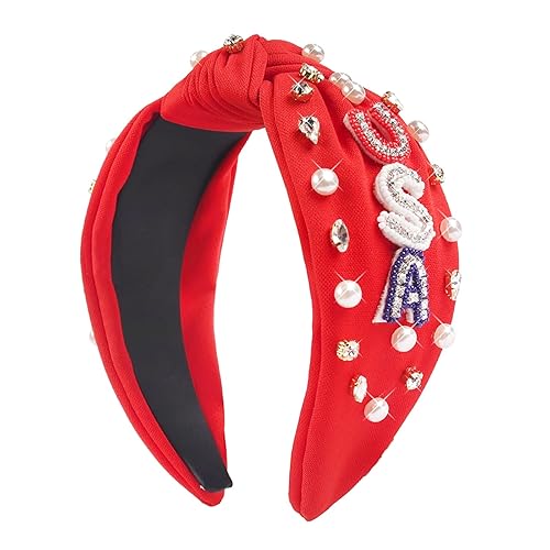 SeBneny 4th of July Headband for Women USA Letter Headbands Crystal Pearl Knotted Headbands Patriotic Red White Blue Hair Accessory Independence Day Memorial Day Party Favors