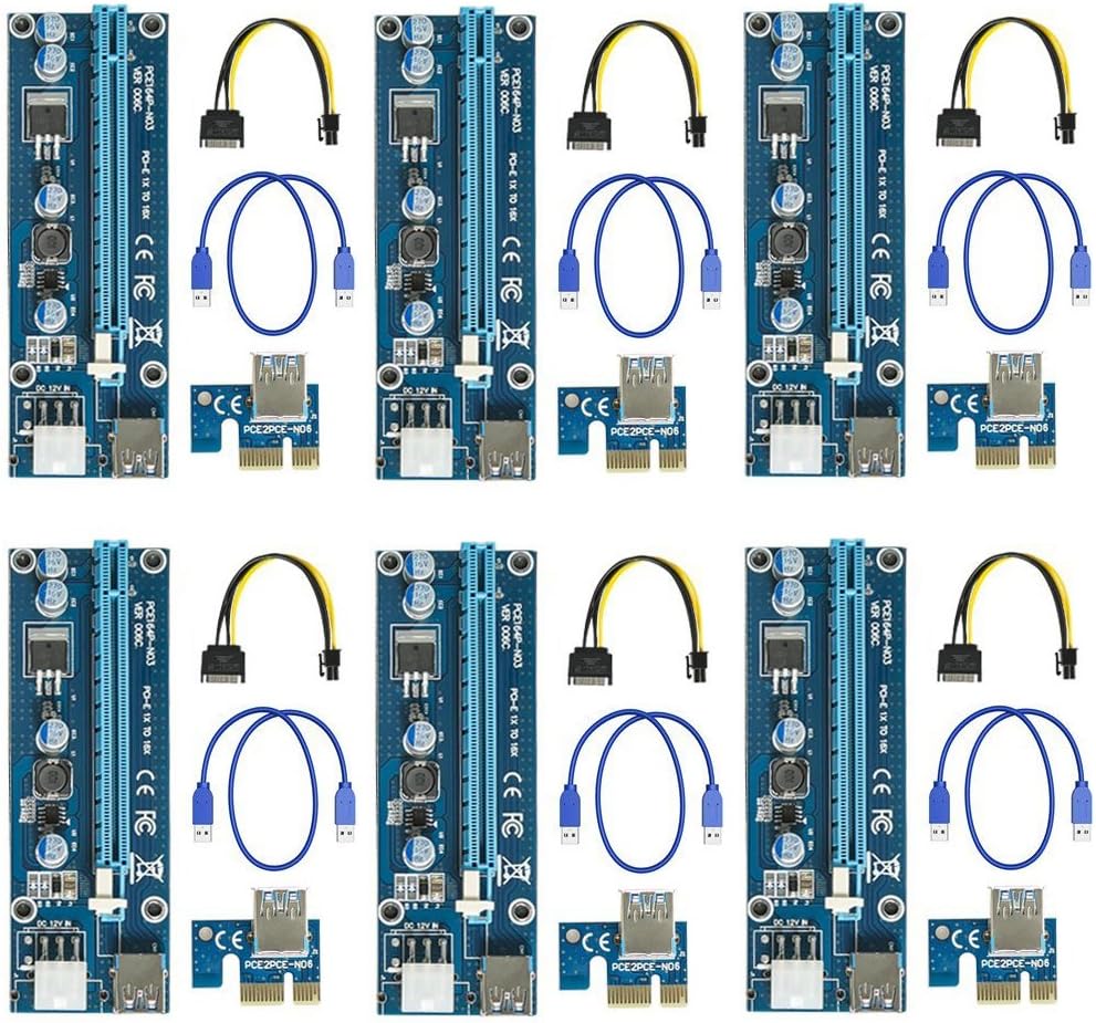 molylove 6 Pack PCIe 6-Pin 1X to 16X Powered Riser Adapter Card 164P with 6 Pin PCI-E to SATA Power Cable, 60cm USB 3.0 Cable Mining Dedicated Graphics Card (Blue)