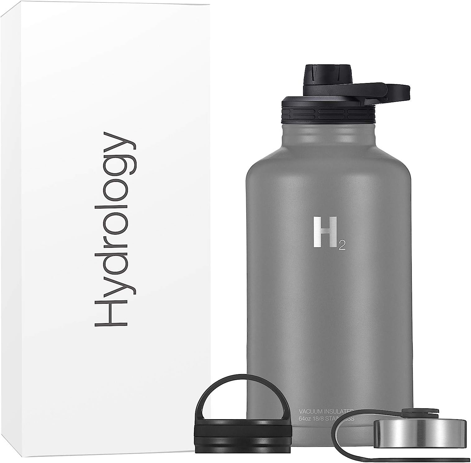 H2 Hydrology Sport Water Bottle 3 LIDS (Straw Lid & Spout Lid) | Double Wall Vacuum Insulated Stainless Steel Wide Mouth | Sports Hot & Cold Leak Proof Sweat Free Thermos (32 oz, Graphite)