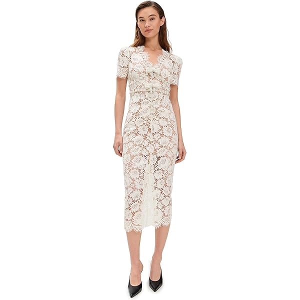 Self Portrait Women's White Cotton Lace Button Midi Dress