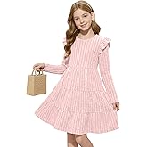 LessonZoo Toddler Girls' Ruffle Long Sleeve Dress Ribbed Knit Crew Neck Sweater Dresses Kids Fall Winter Clothes