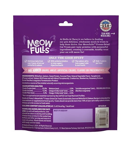 STELLA & CHEWY’S MEOWFULLS FREEZE DRIED CAT TREATS – WHITEFISH & SALMON RECIPE – RAW PROTEIN WITH PROBIOTICS & SALMON OIL – 1 CALORIE PER TREAT – 1.5 OZ