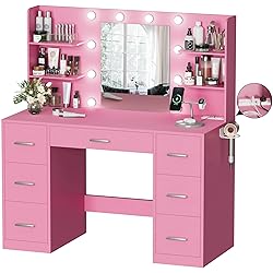 YESHOMY Vanity Desk with Mirror, Power Outlet and
