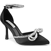 Zzheels Women's Wedding Heels Sparkly Rhinestone Stiletto Pumps Bow Heels Pointed Toe Ankle Strap High Heels Bridal Party Dress Shoes