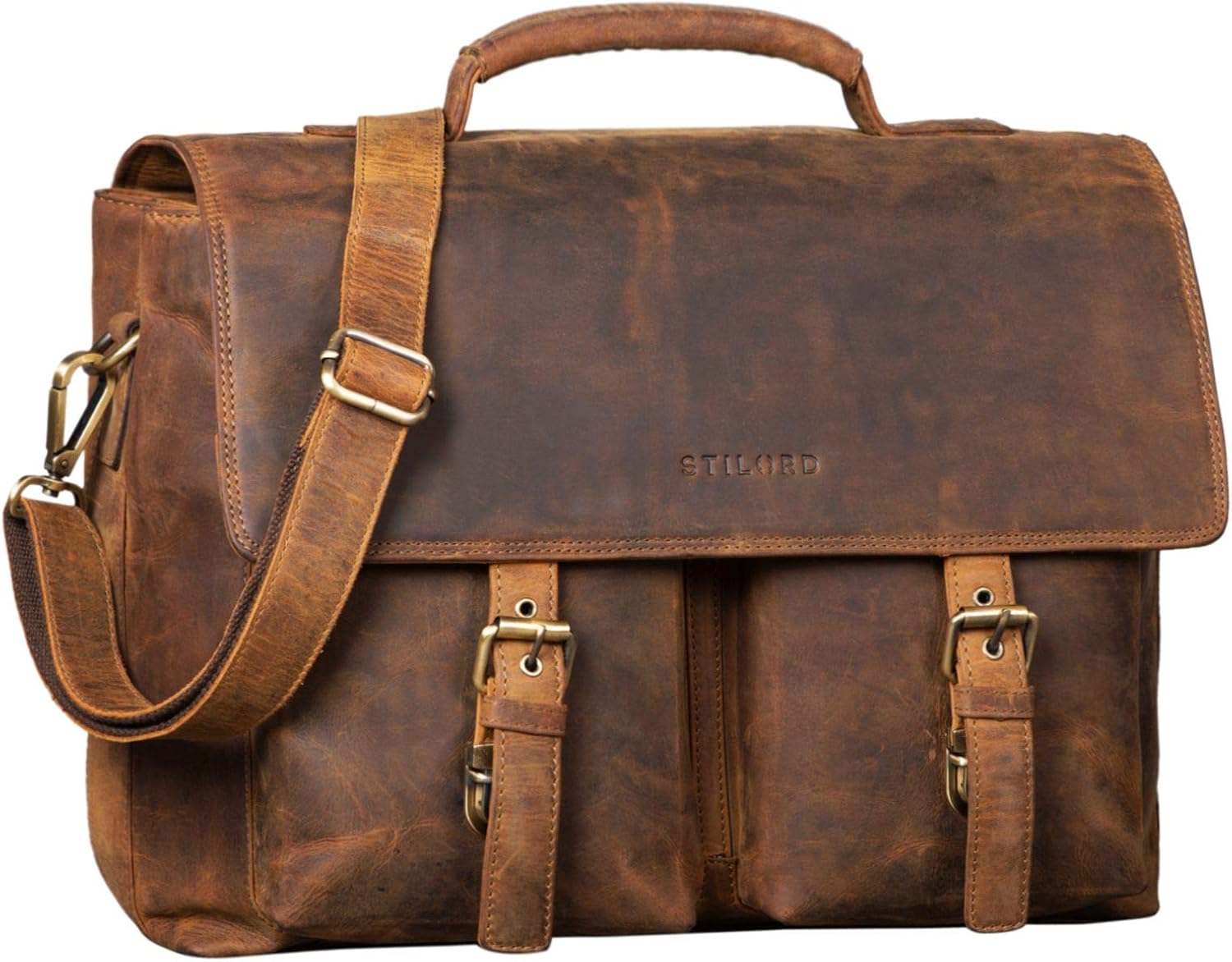 STILORD "Jeff" Briefcase Leather 15 Inch Vintage Business Bag for Men Laptop Bag Big Office Bag Working Bag Shoulder Bag Colour:Middle Brown