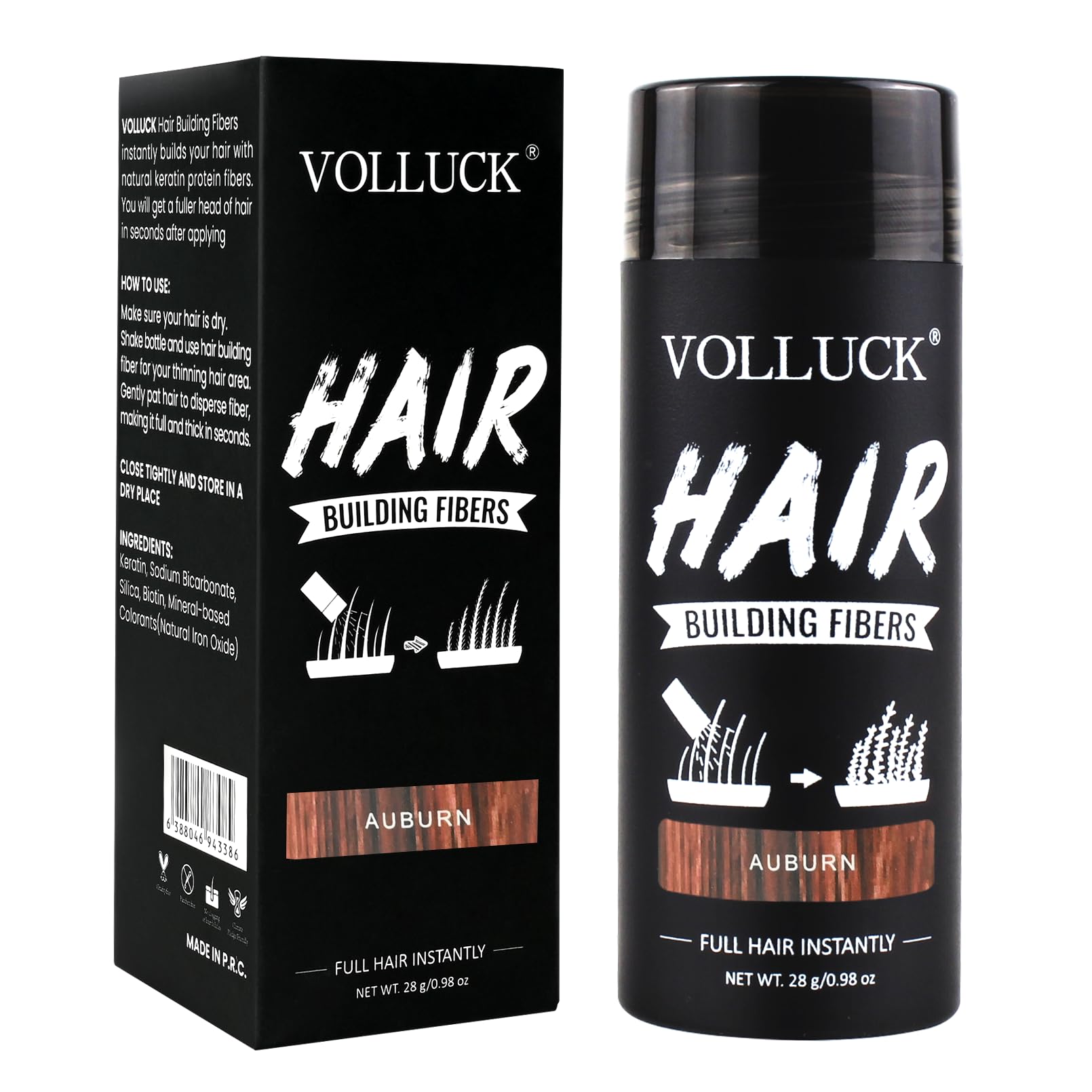VOLLUCK Hair Fibres 28g – Instant Coverage for Thinning Hair – Adds Natural Thickness & Fullness – Lightweight, Natural Look, Easy to Apply & Wash Out – For Men & Women (Auburn)