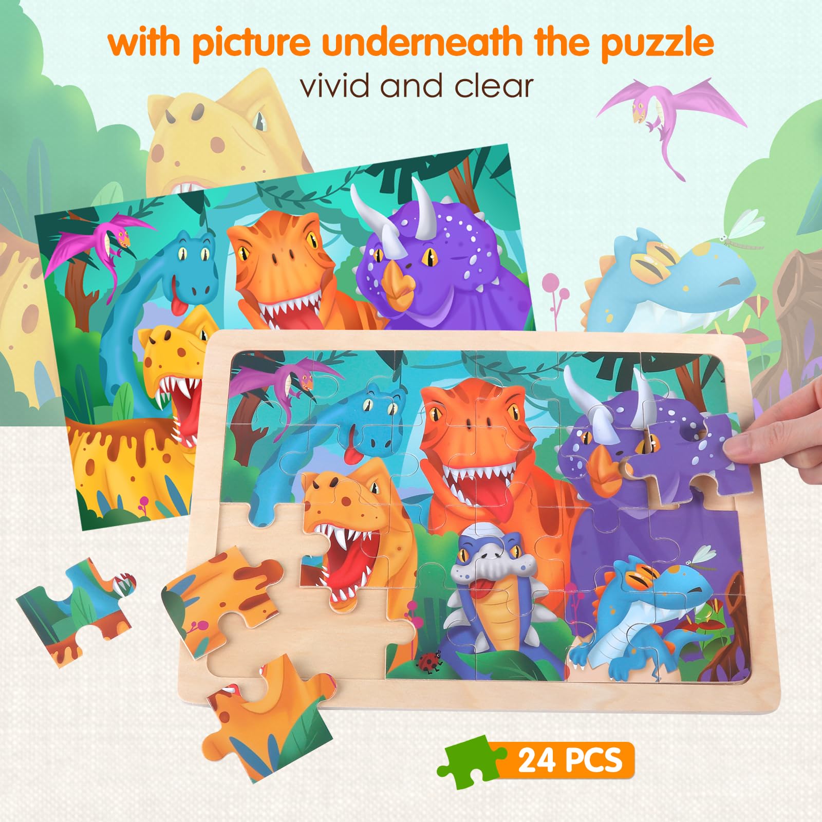Holzpuzzle ab 3 Jahren, 4x24 Teile Tiere & Dinosaurier 4