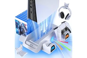 HOLLABUDZ PS5 Stand and Cooling Station with Dual PS5 Controller Charging Station for Playstation 5 PS5 Console Disc/Digital Edition, PS5 Accessories, Cooling Fan, Headset Holder(Not Fit PS5 Slim Versions)